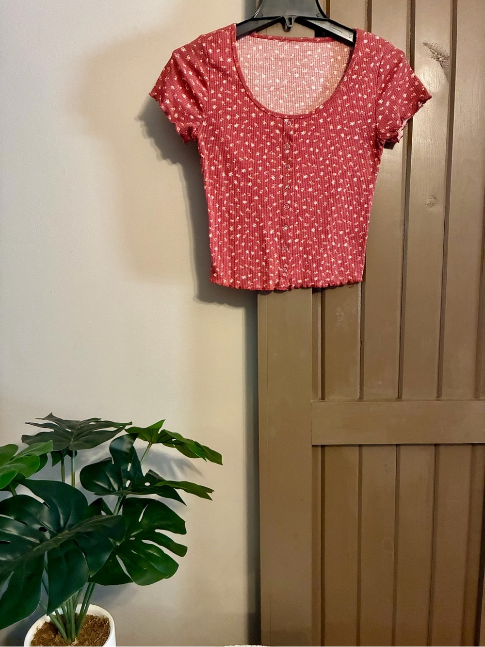 AE Women’s Short Sleeve Scoop Neck Crop Top in Dusty Rose Floral